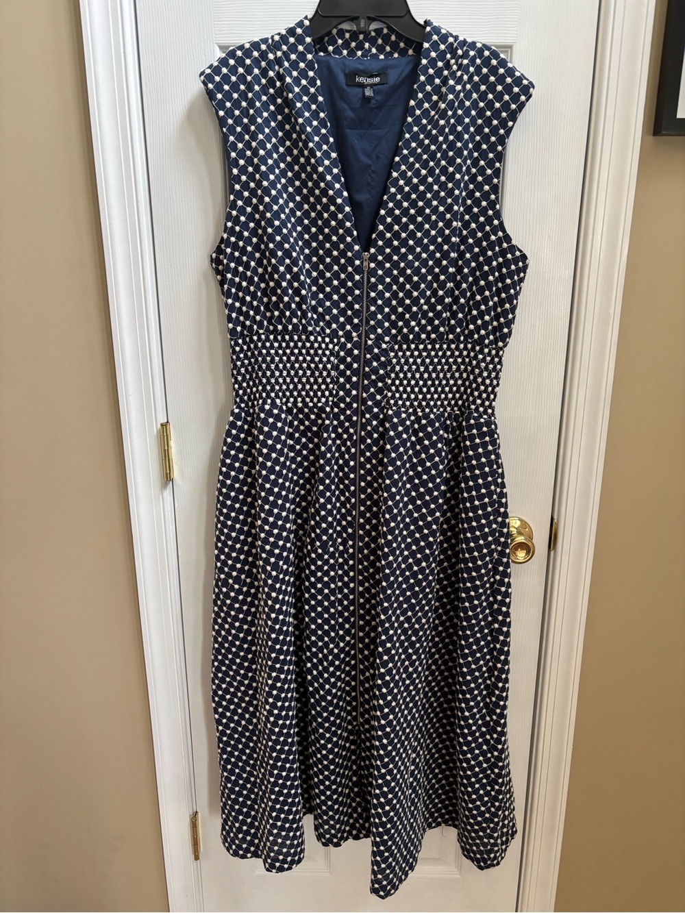 Kensie Embroidered Navy & Ivory Dot Cotton Zip-Front Midi Dress, Size 14, NWOT - Picture 3 of 7